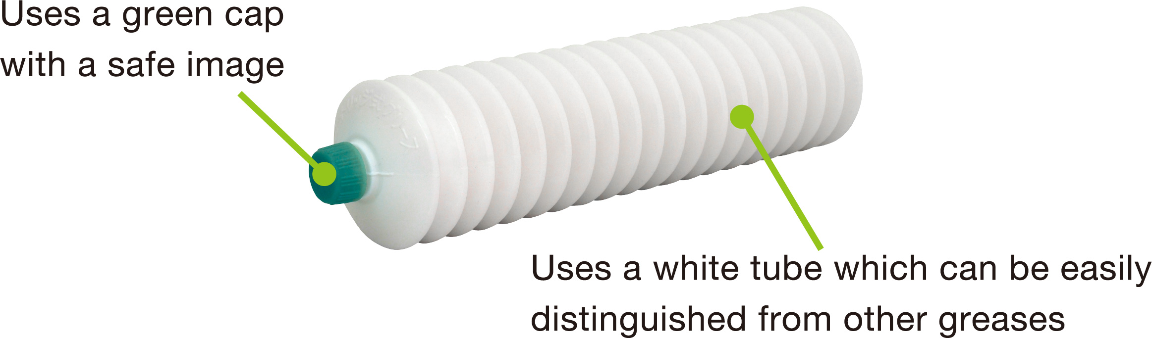 Uses a green cap with a safe image. Uses a white tube which can be easily distinguished from other greases.