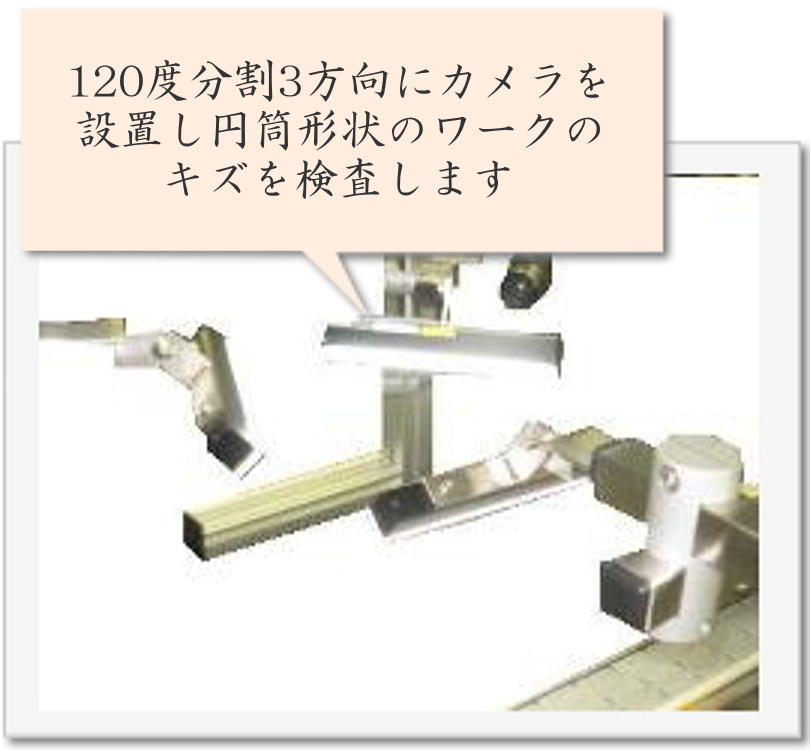 120度分割３方向にカメラを設置し、円筒形状のワークのキズを検査します