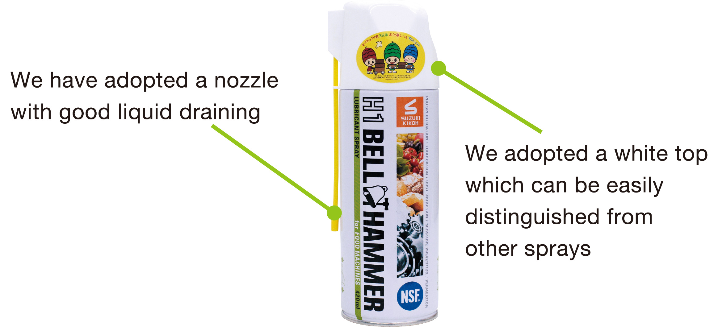 We have adopted a nozzle with good liquid draining. We adopted a white top which can be easily distinguished from other sprays.