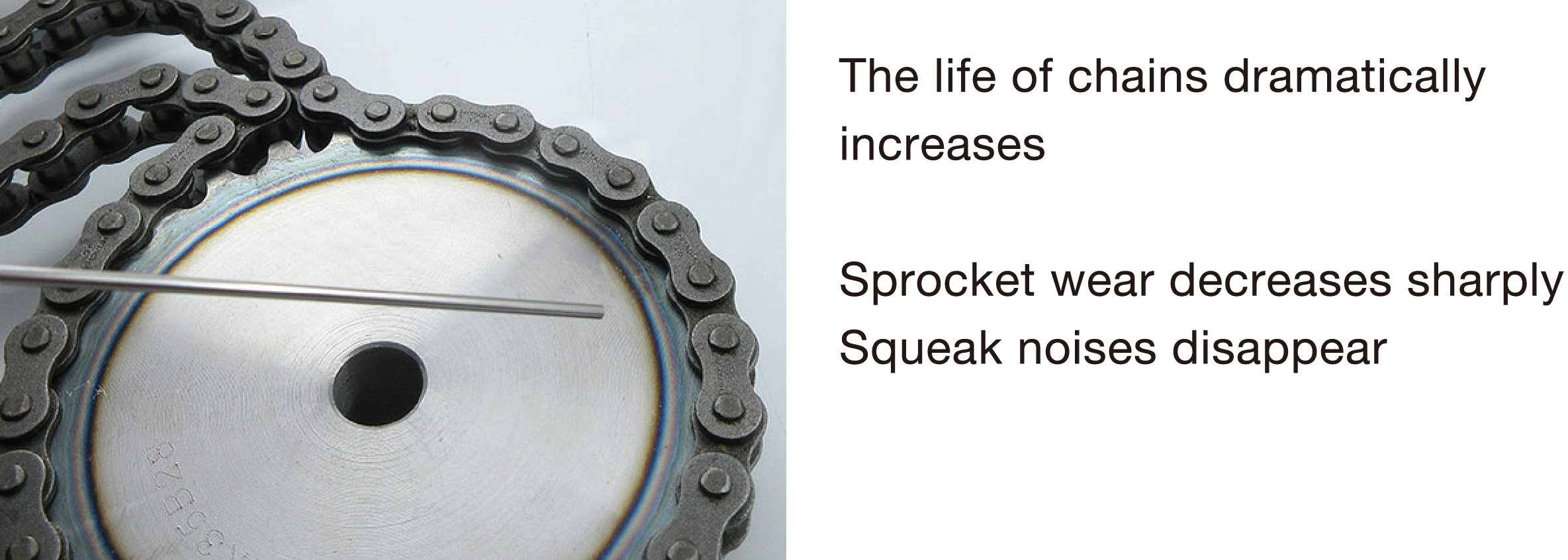 The life of chains dramatically increases. Sprocket wear decreases sharply Squeak noises disappear.