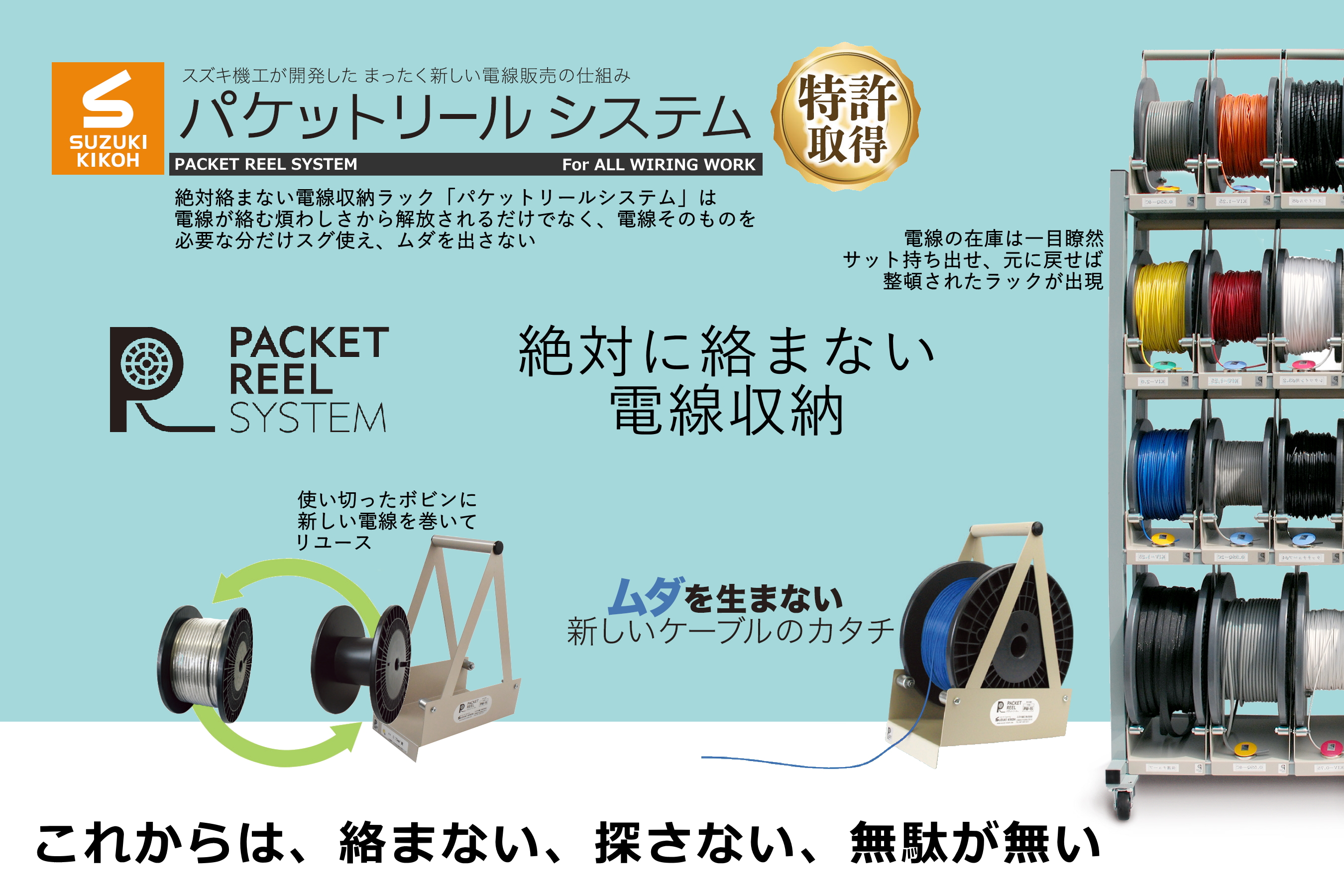 パケットリールシステム - 絶対に絡まない電線収納、これからは絡まない、探さない、無駄がない