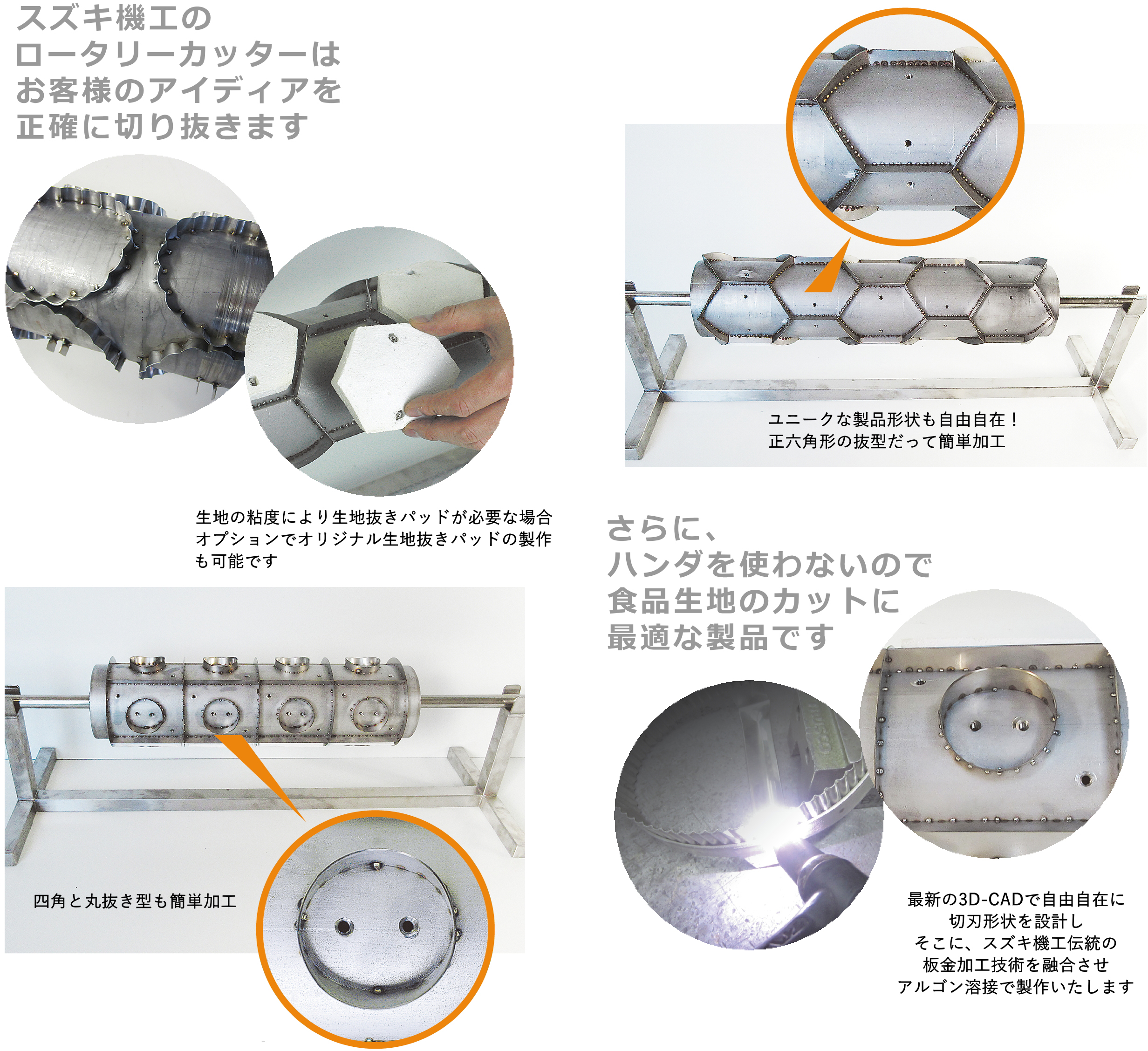 スズキ機構のロータリーカッターはお客様のアイデアを正確に切り抜きます。さらに、ハンダを使わないので食品生地のカットに最適な製品です。