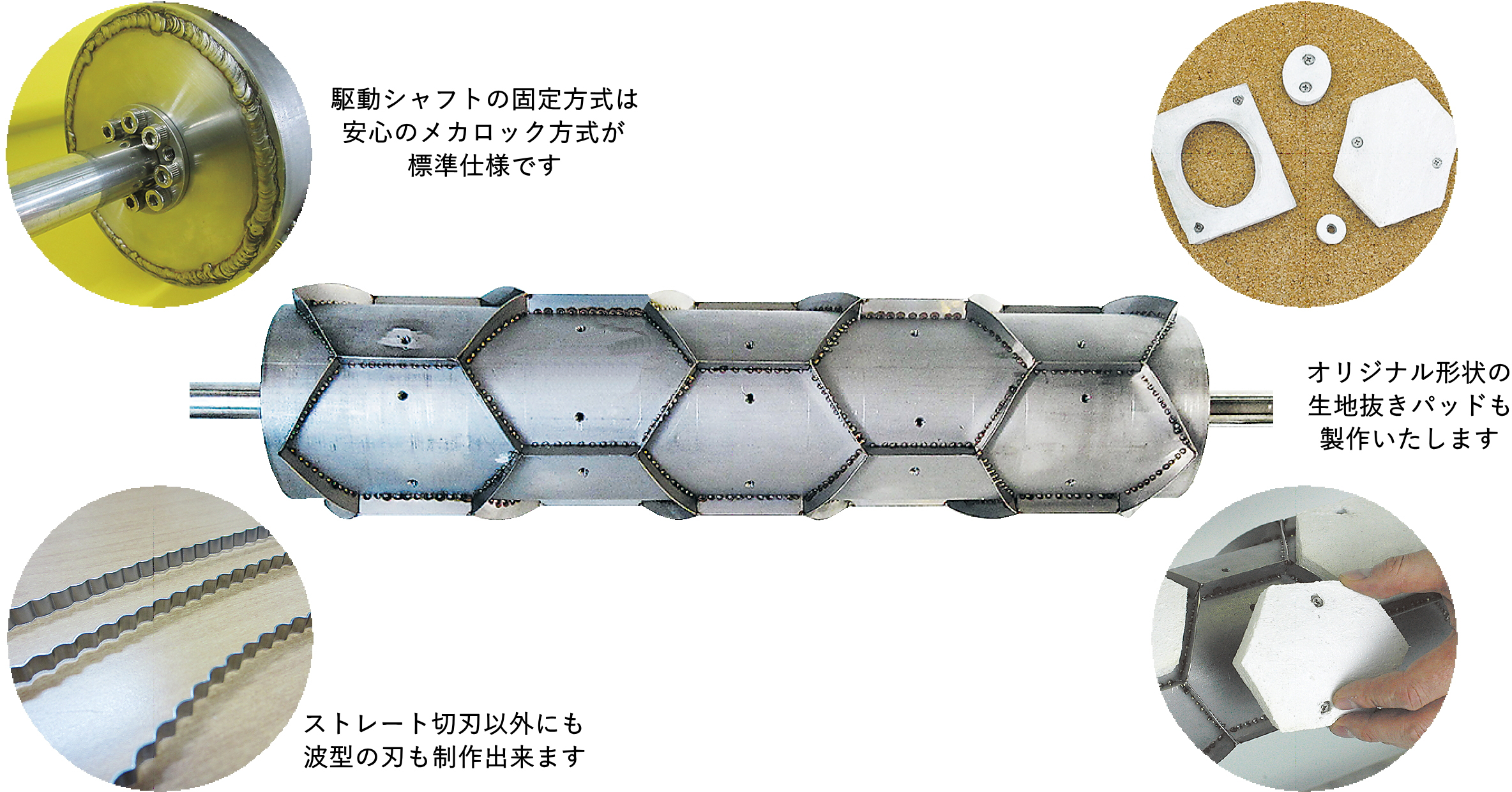 駆動シャフトの固定方式は安心のメカロック方式が標準仕様です。オリジナル形状の生地抜きパッドも製作いたします。ストレート切刃以外にも波型の刃も制作出来ます